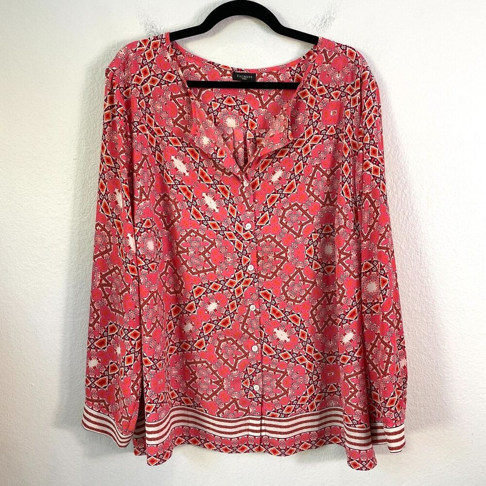 Talbots Pink Geometric Print Long-Sleeve Blouse